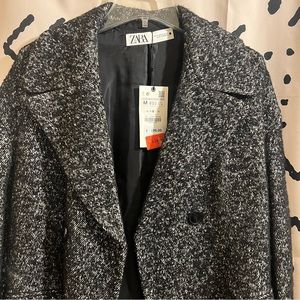 NWT Zara Tweed Coat Trench black white Double breasted M